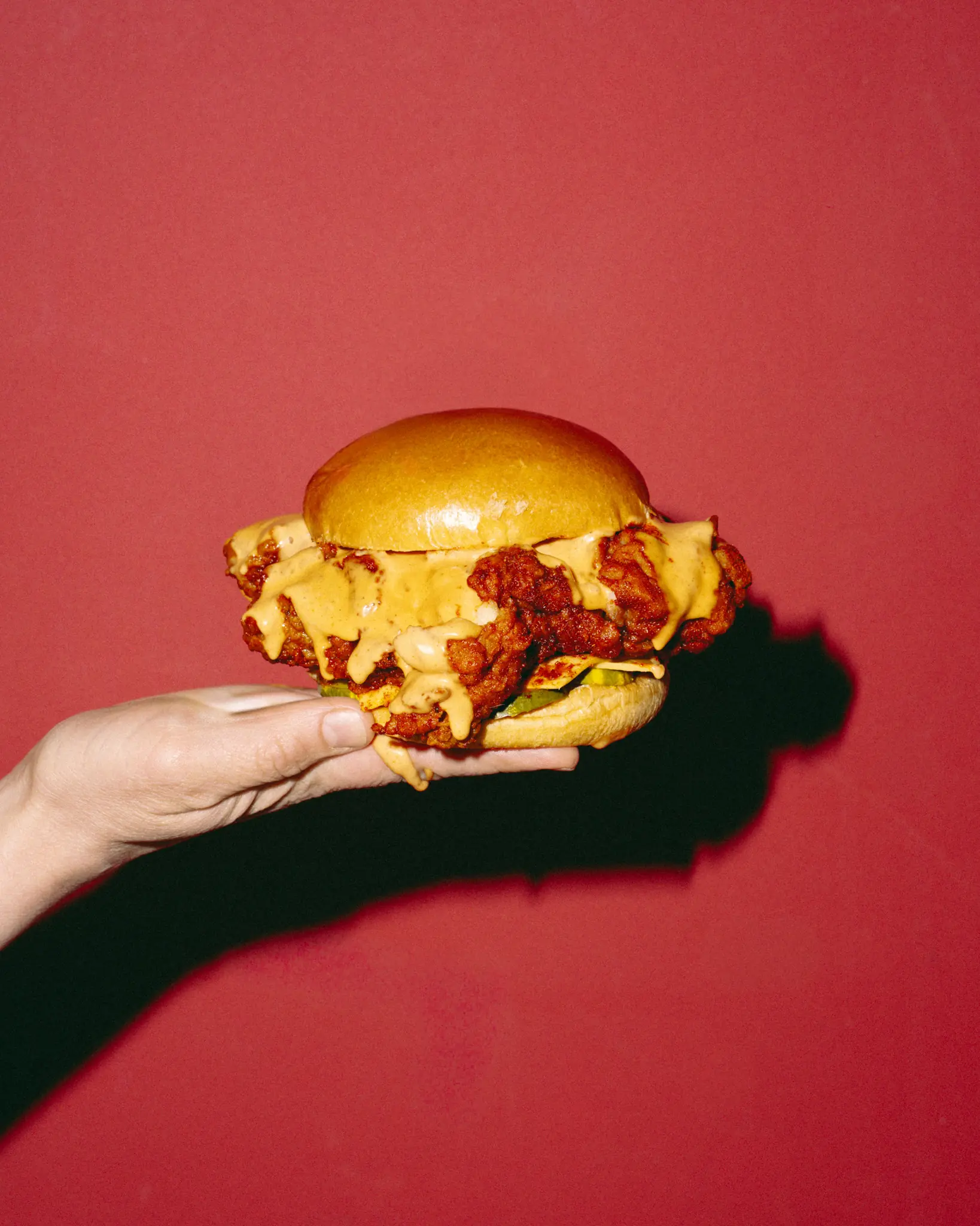 Juicy Birds sandwich held up
